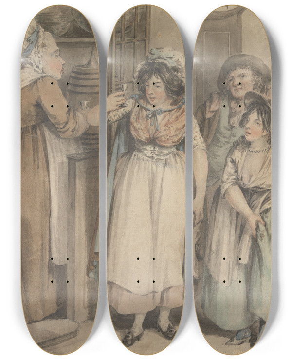Triptych art skateboard deck of Charles Ansell Refreshment At St Giles by Charles Ansell