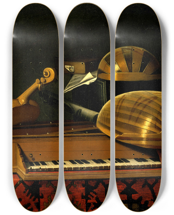 Triptych art skateboard deck of Bartholomeo Bettera Still Life With Musical Instruments And Books by Bartholomeo Bettera (1639-1688)
