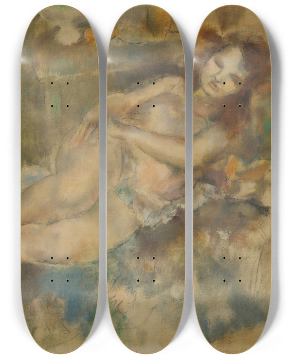 Triptych art skateboard deck of Jules Pascin La Danseuse Assoupie by Jules Pascin (1885-1930)