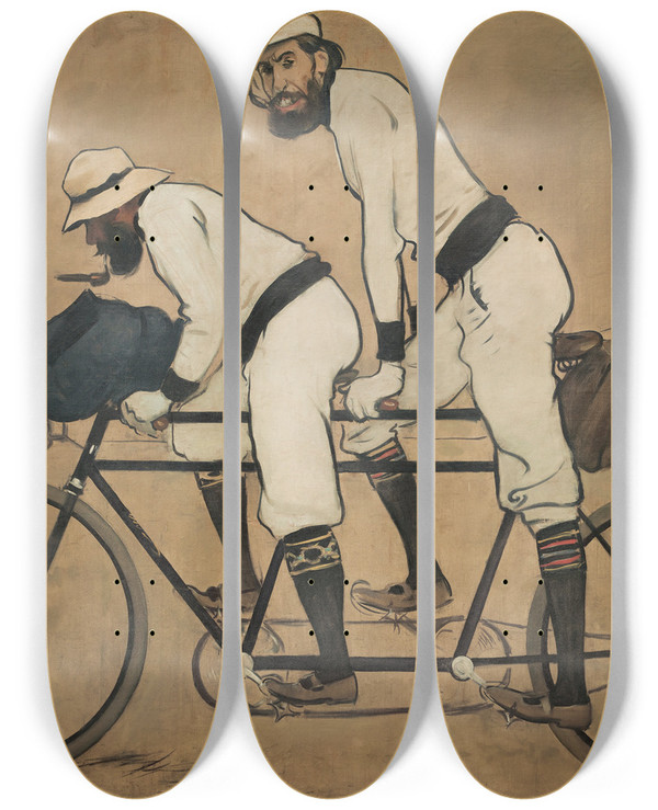 Triptych art skateboard deck of Ramn Casas Ramon Casas And Pere Romeu On A Tandem by Ramon Casas (1866-1932)