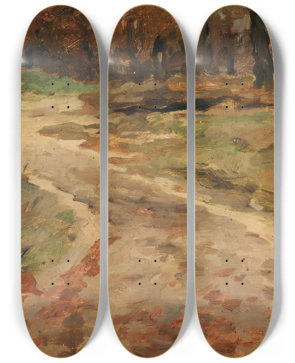 Triptych art skateboard deck of Thomas Herbst Waldweg Im Herbst by Thomas Herbst (1848-1915)