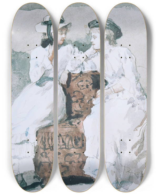 Triptych art skateboard deck of Winslow Homer Two Ladies by Winslow Homer (1836-1910)