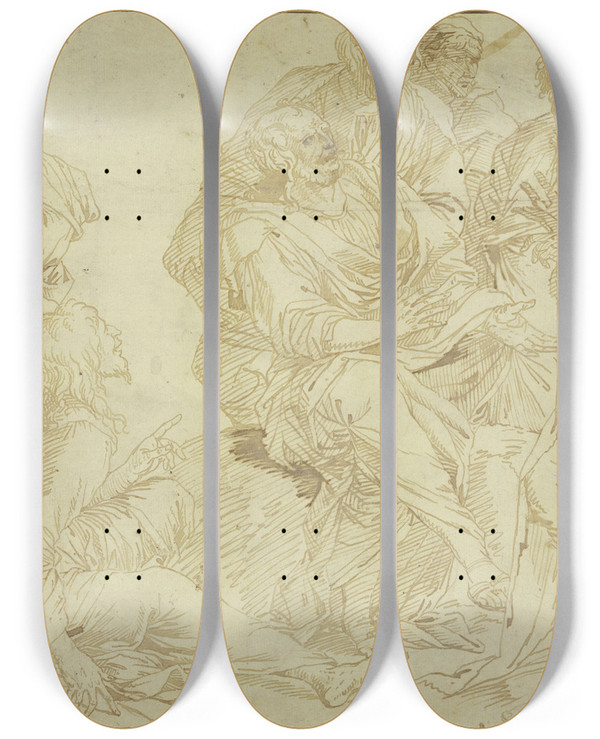 Triptych art skateboard deck of Salvator Rosa Arguing Philosphers by Salvator Rosa (1615-1673)