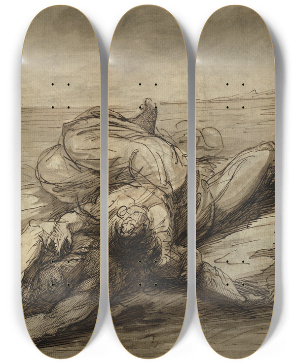 Triptych art skateboard deck of Alexander Runciman Hero And Leander by Alexander Runciman (1736-1785)