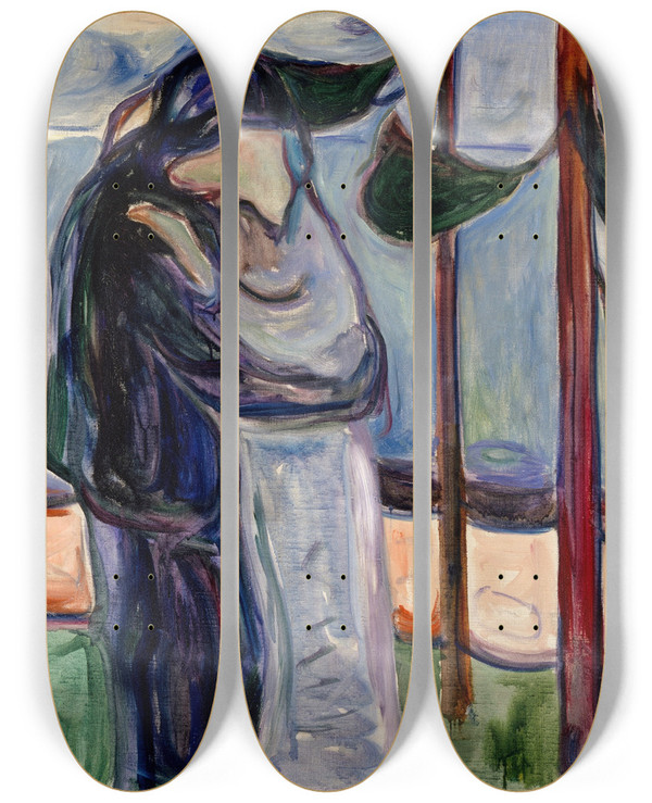 Triptych art skateboard deck of Edvard Munch Kiss On The Beach by Edvard Munch (1863-1944)