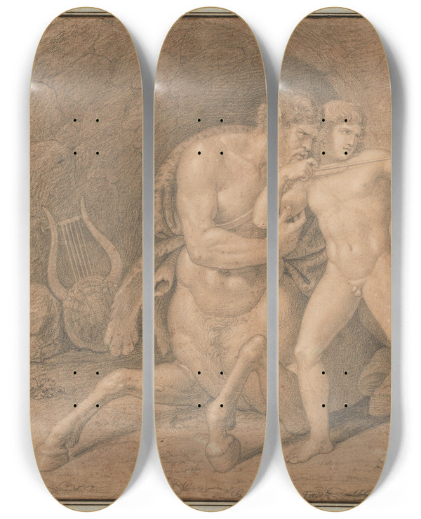 Triptych art skateboard deck of Bertel Thorvaldsen Chiron Teaching Achilles To Shoot With The Bow by Bertel Thorvaldsen (1770-1844)