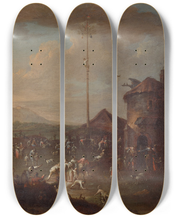 Triptych art skateboard deck of Karl Josef Aigen Kirchweihfest by Karl Josef Aigen (1684-1762)