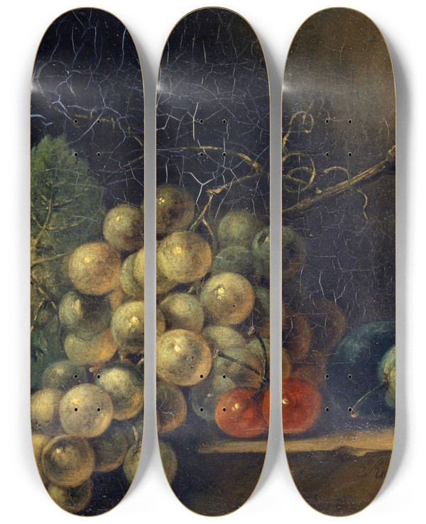 Triptych art skateboard deck of Rachel Ruysch Still Life With Grapes Stone Fruit And Fly by Rachel Ruysch (1664-1750)