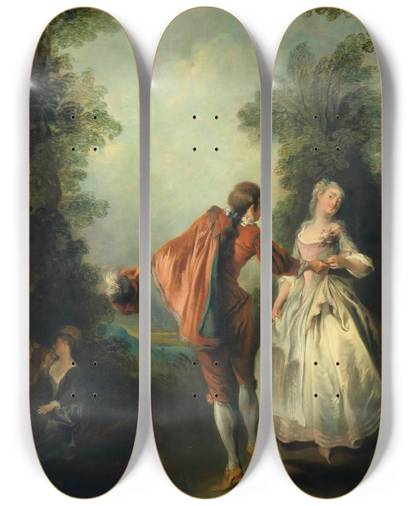 Triptych art skateboard deck of Nicolas Lancret Elegant Figures Dancing In A Wooded Landscape by Nicolas Lancret (1690-1743)