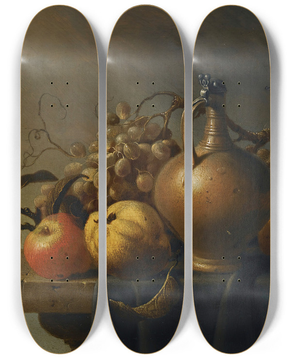 Triptych art skateboard deck of Harmen Steenwyck Still Life With A Ewer And Some Fruit On A Partlydraped Stone Ledge by Harmen Steenwyck (1612-1656)
