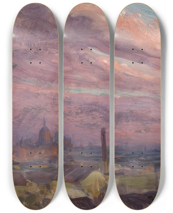 Triptych art skateboard deck of Julius Exter Abendhimmel Ber Mnchen by Julius Exter (1863-1939)