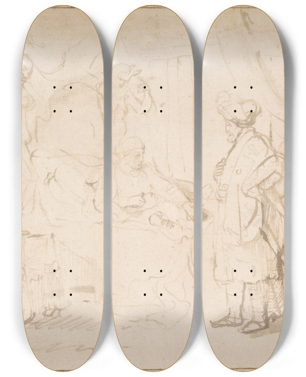 Triptych art skateboard deck of Rembrandt Van Rijn Potiphars Wife Accusing Joseph Before Her Husband by Rembrandt Van Rijn (1606-1669)