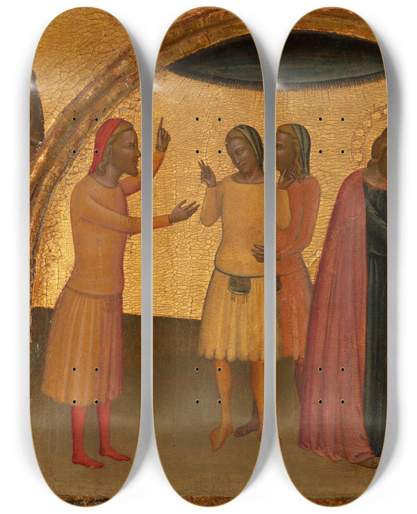 Triptych art skateboard deck of Francescuccio Ghissi Saint John The Evangelist With Acteus And Eugenius by Francescuccio Ghissi (1359-1395)