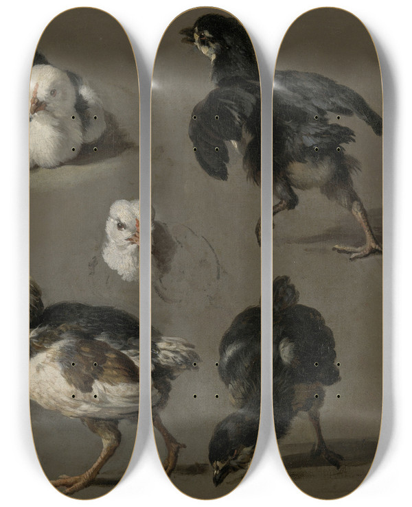 Triptych art skateboard deck of Melchior Dhondecoeter Seven Chicks by Melchior d'Hondecoeter (1636-1695)