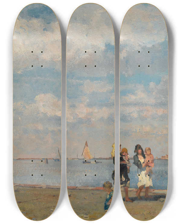 Triptych art skateboard deck of Beppe Ciardi Walking Along The Water Venice by Beppe Ciardi (1875-1932)