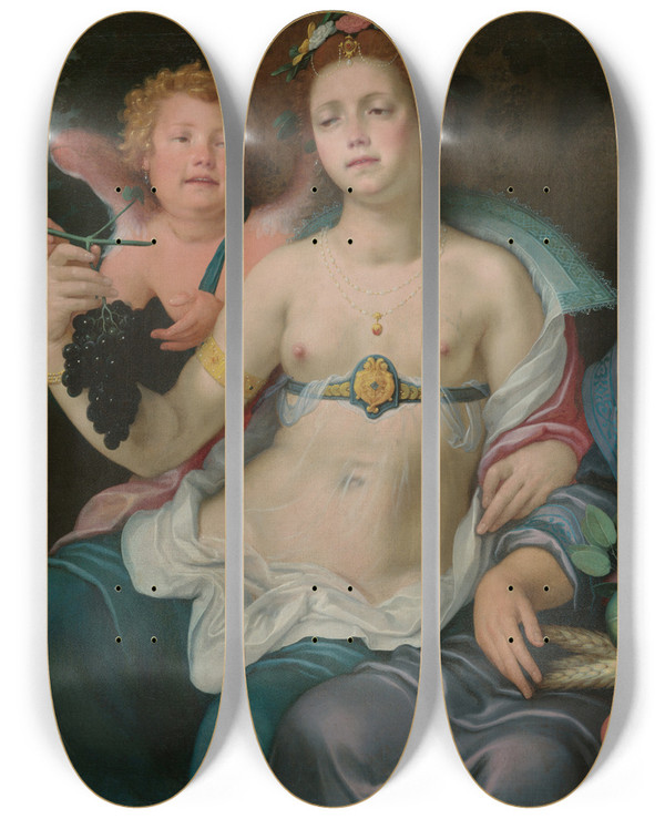 Triptych art skateboard deck of Cornelis Cornelisz Van Haarlem Venus Cupid And Ceres by Cornelis Cornelisz Van Haarlem (1562-1638)