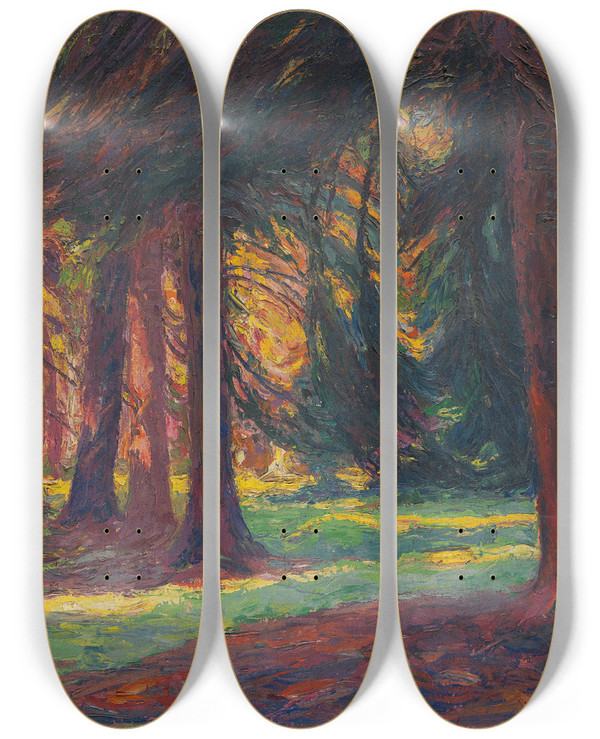 Triptych art skateboard deck of Georg Burmester Herbstsonne Im Walde by Georg Burmester (1864-1936)