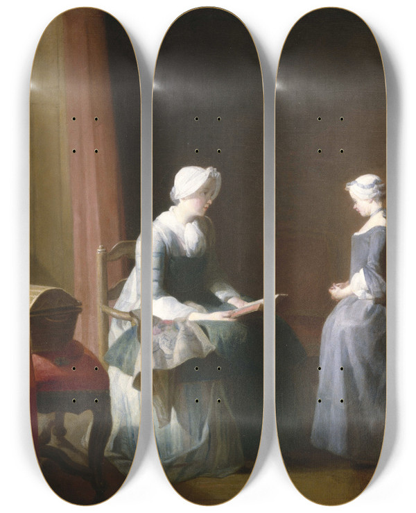 Triptych art skateboard deck of Jean Simon Chardin The Good Education by Jean Simeon Chardin (1699-1779)