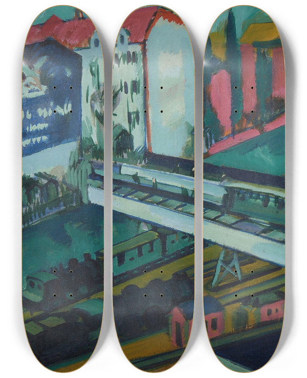 Triptych art skateboard deck of Ernst Ludwig Kirchner Straenbahn Und Eisenbahn by Ernst Ludwig Kirchner (1880-1938)