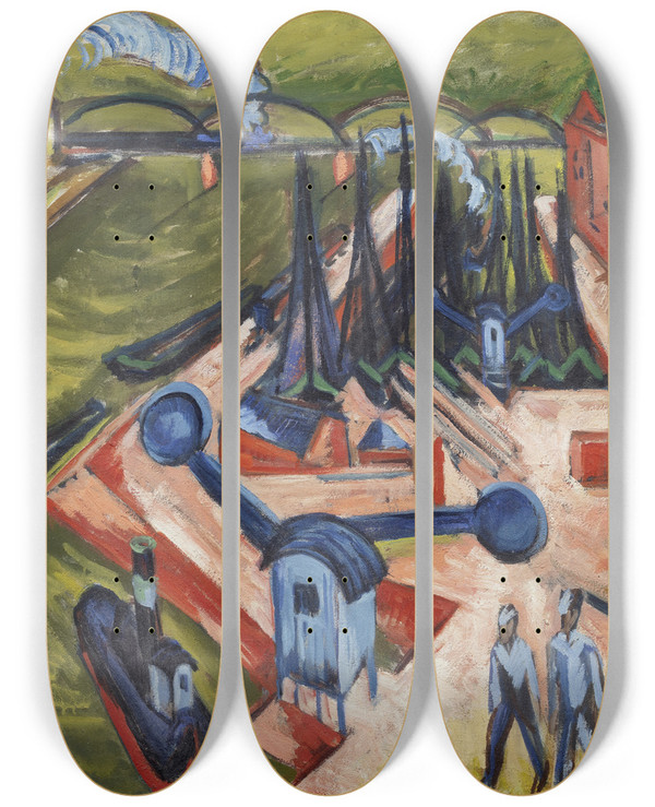 Triptych art skateboard deck of Ernst Ludwig Kirchner Western Harbour In Frankfurt Am Main_1 by Ernst Ludwig Kirchner (1880-1938)