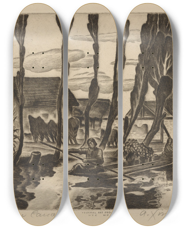 Triptych art skateboard deck of Alfredo Ximenez Mexican Canal by Alfredo Ximenez (1903)