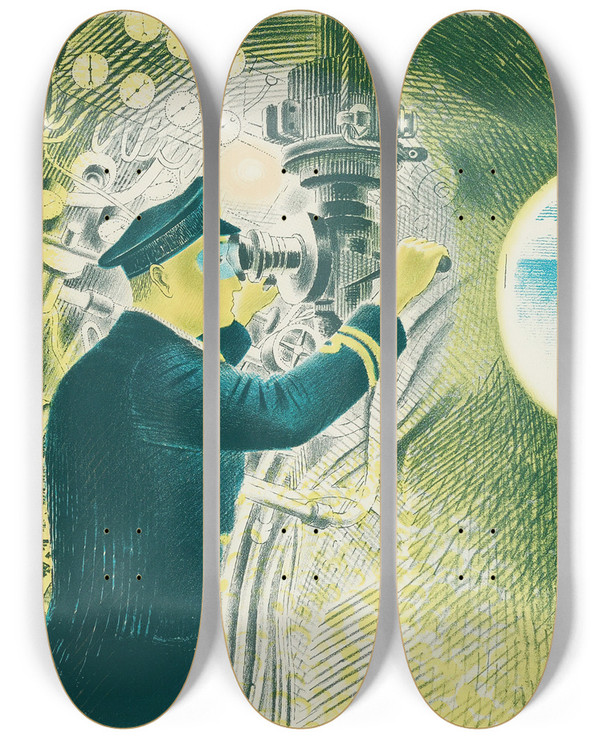 Triptych art skateboard deck of Eric Ravilious Commander Of A Submarine Looking Through A Periscope by Eric Ravilious (1903-1942)