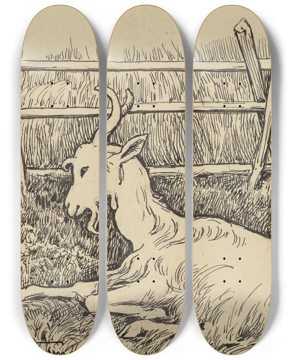 Triptych art skateboard deck of Hans Thoma Ziege by Hans Thoma (1839-1924)