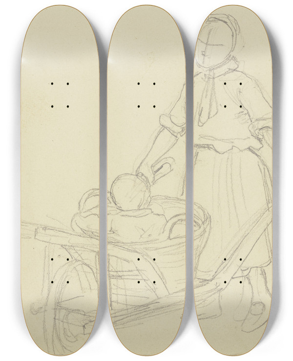 Triptych art skateboard deck of Jakob Becker Bauernmdchen Mit Schubkarren by Jakob Becker (1810-1872)