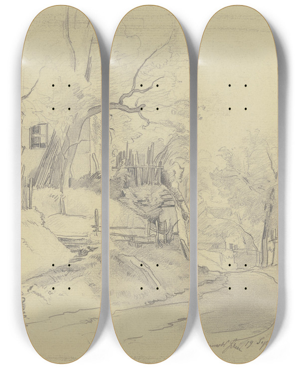 Triptych art skateboard deck of Jakob Frchtegott Dielmann Weg Durch Das Dorf Mammolshain by Jakob Furchtegott Dielmann (1809-1885)