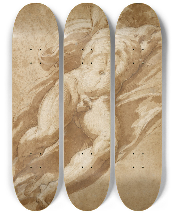 Triptych art skateboard deck of Parmigianino Figure Study by Parmigianino (1503-1540)