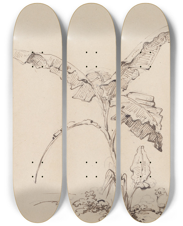 Triptych art skateboard deck of George Chinnery Goats Beneath A Banana Tree by George Chinnery (1774-1852)