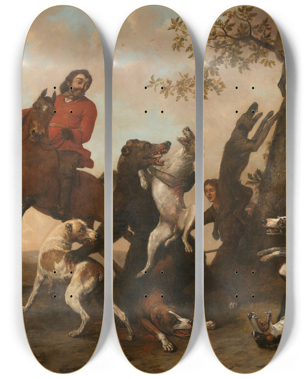 Triptych art skateboard deck of Paulus Potter Bear Hunt by Paulus Potter (1625-1654)