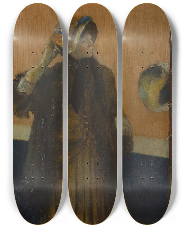 Triptych art skateboard deck of Edgar Degas At The Milliners_2 by Edgar Degas (1834-1917)