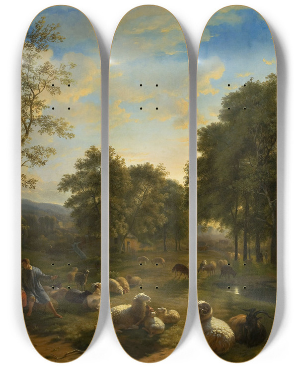 Triptych art skateboard deck of Paul Balthasar Ommeganck Pastoral Scene by Balthasar Paul Ommeganck (1755-1826)
