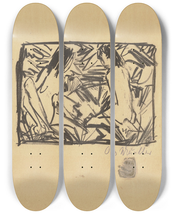 Triptych art skateboard deck of Otto Mueller Ein Sitzendes Und Ein Kniendes Mdchen Unter Blttern by Otto Mueller (1874-1930)
