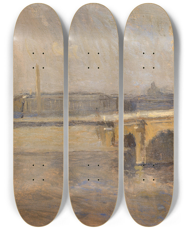 Triptych art skateboard deck of Frank Edwin Scott Seine At Paris Pont De La Concorde by Frank Edwin Scott (1863-1929)