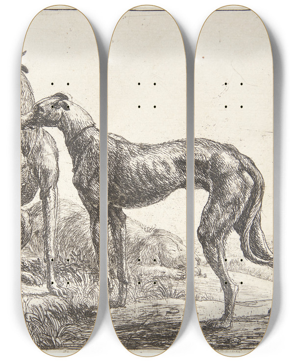Triptych art skateboard deck of Simon De Vlieger To Mynder Og En Sovende Hund by Simon de Vlieger (1601-1653)