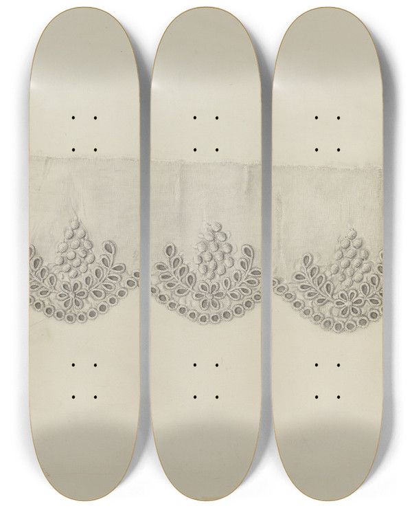 Triptych art skateboard deck of Marie Famularo Embroidered Edging by Marie Famularo
