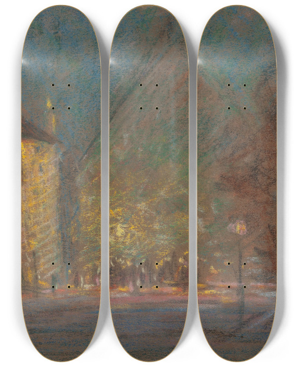 Triptych art skateboard deck of Charles Salis Kaelin Nocturne by Charles Salis Kaelin (1858-1929)