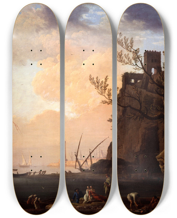 Triptych art skateboard deck of Claudejoseph Vernet An Italianate Harbour Scene by Claude Joseph Vernet (1714-1789)