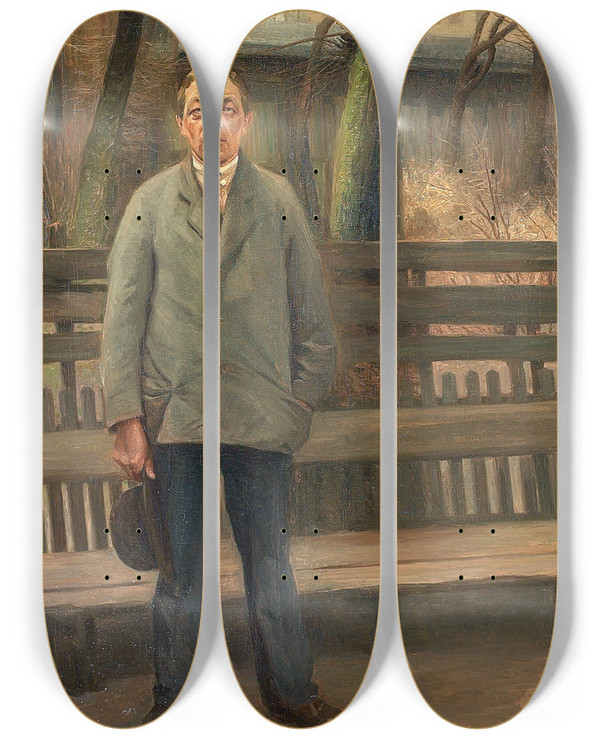 Triptych art skateboard deck of Carl Vilhelm Meyer Manden Ved Bnken by Carl Vilhelm Meyer (1870-1938)