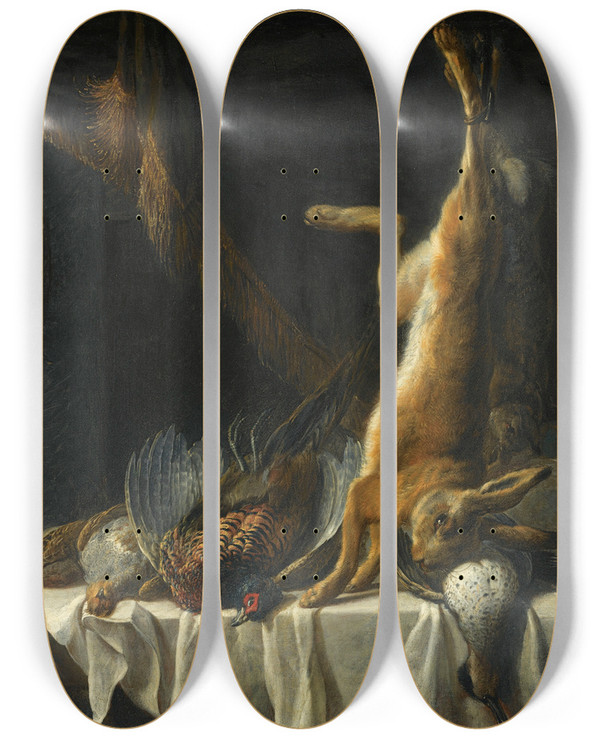 Triptych art skateboard deck of Pieter Van Boucle A Still Life With A Dead Hare A Duck A Pheasant And Poultry On A Table Draped With A White Cloth Together With A Basket With Fruit by Pieter Van Boucle (1610-1673)