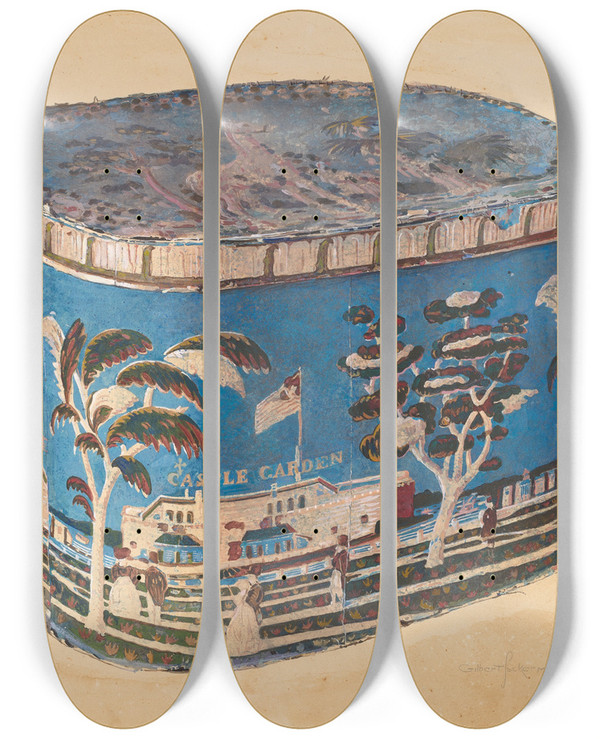 Triptych art skateboard deck of Gilbert Sackerman Bandbox With Cover by Gilbert Sackerman (20-)