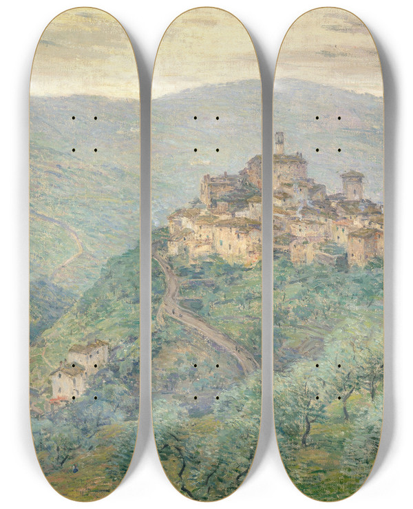 Triptych art skateboard deck of Willard Leroy Metcalf Pelagotuscany by Willard Leroy Metcalf (1858-1925)