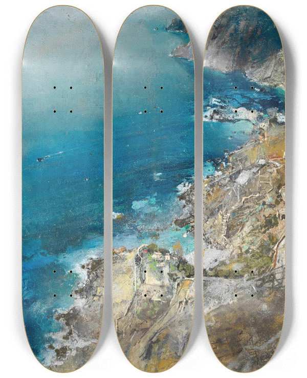 Triptych art skateboard deck of Giuseppe Casciaro Cliffs Ischia by Giuseppe Casciaro (1861-1945)