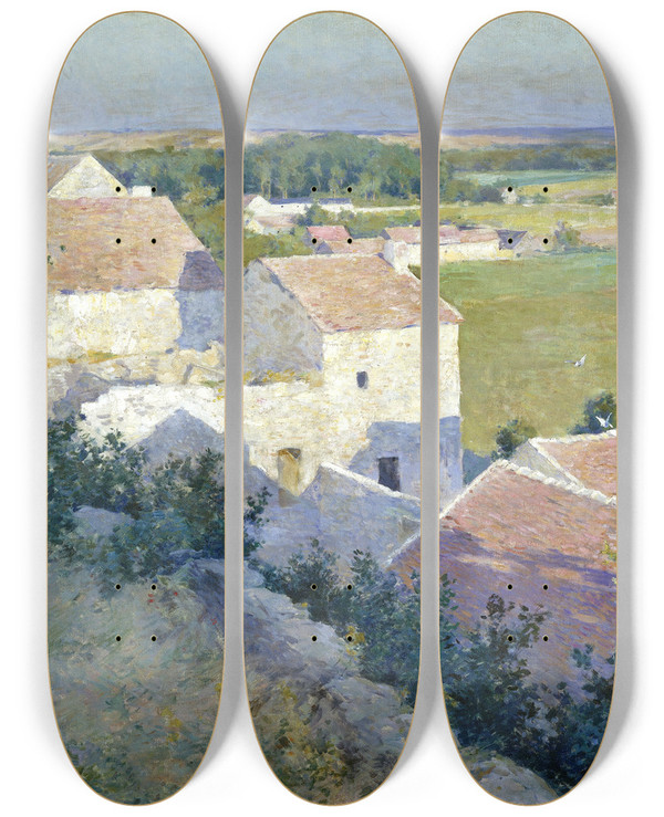 Triptych art skateboard deck of Willard Leroy Metcalf Midsummer Twilight by Willard Leroy Metcalf (1858-1925)