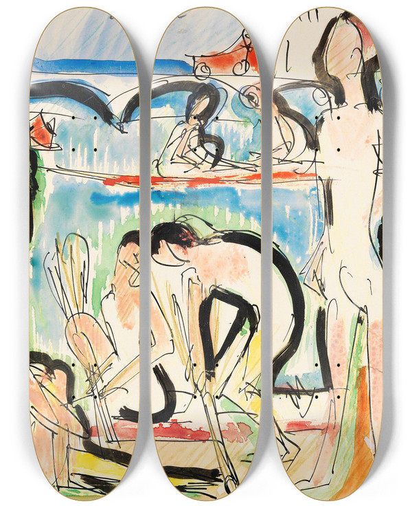 Triptych art skateboard deck of Ernst Ludwig Kirchner Ruderer by Ernst Ludwig Kirchner (1880-1938)