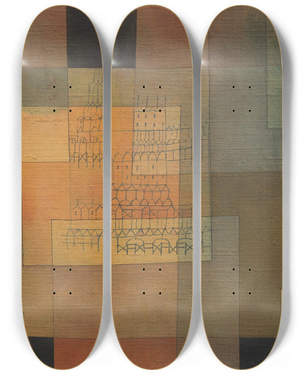Triptych art skateboard deck of Paul Klee Polyphonic Architecture by Paul Klee (1879-1940)