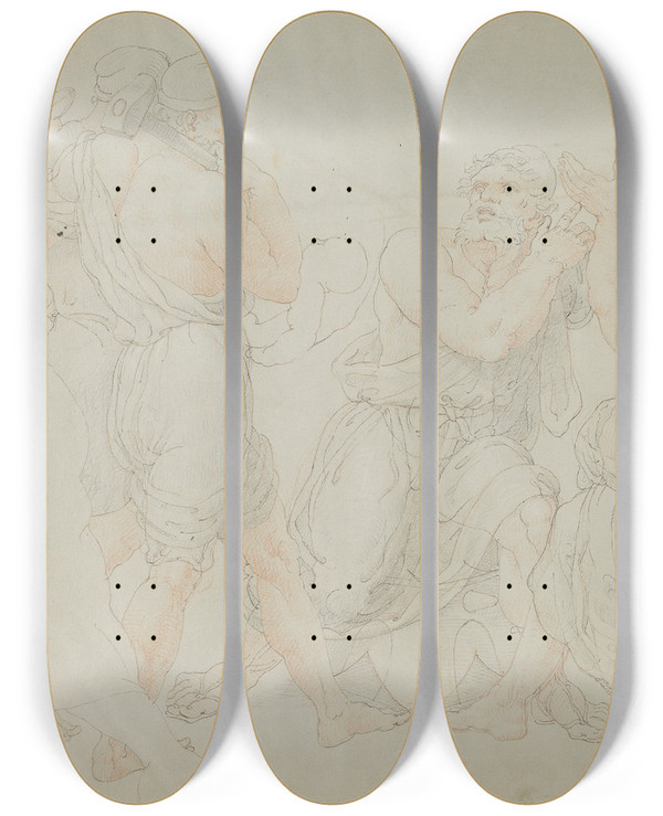Triptych art skateboard deck of Edward Francis Burney Study For The Figures Of Demitrius And Two Workmen by Edward Francis Burney (1760-1848)