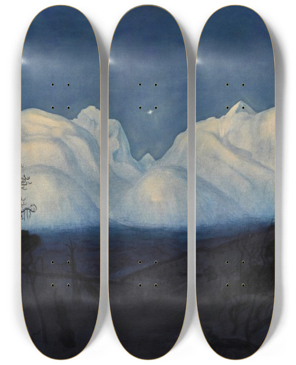 Triptych art skateboard deck of Harald Sohlberg Winter Night In The Mountains_2 by Harald Sohlberg (1877-1935)